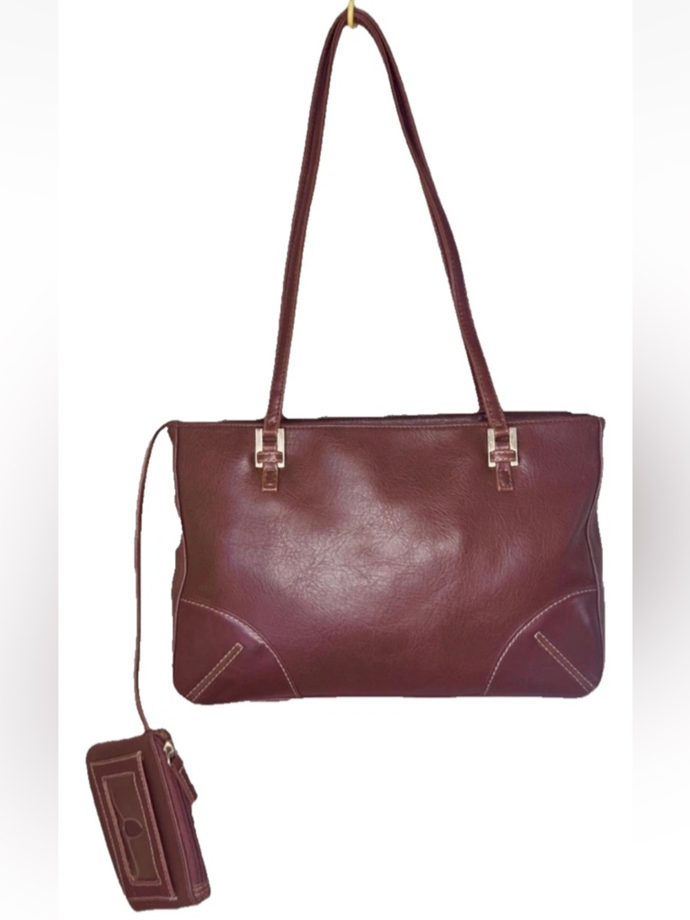 🟤LIZ CLAIBORNE🟤 VEGAN LEATHER ATTACHED WALLET INTERIOR POCKETS ZIP SHOULDER TOTE